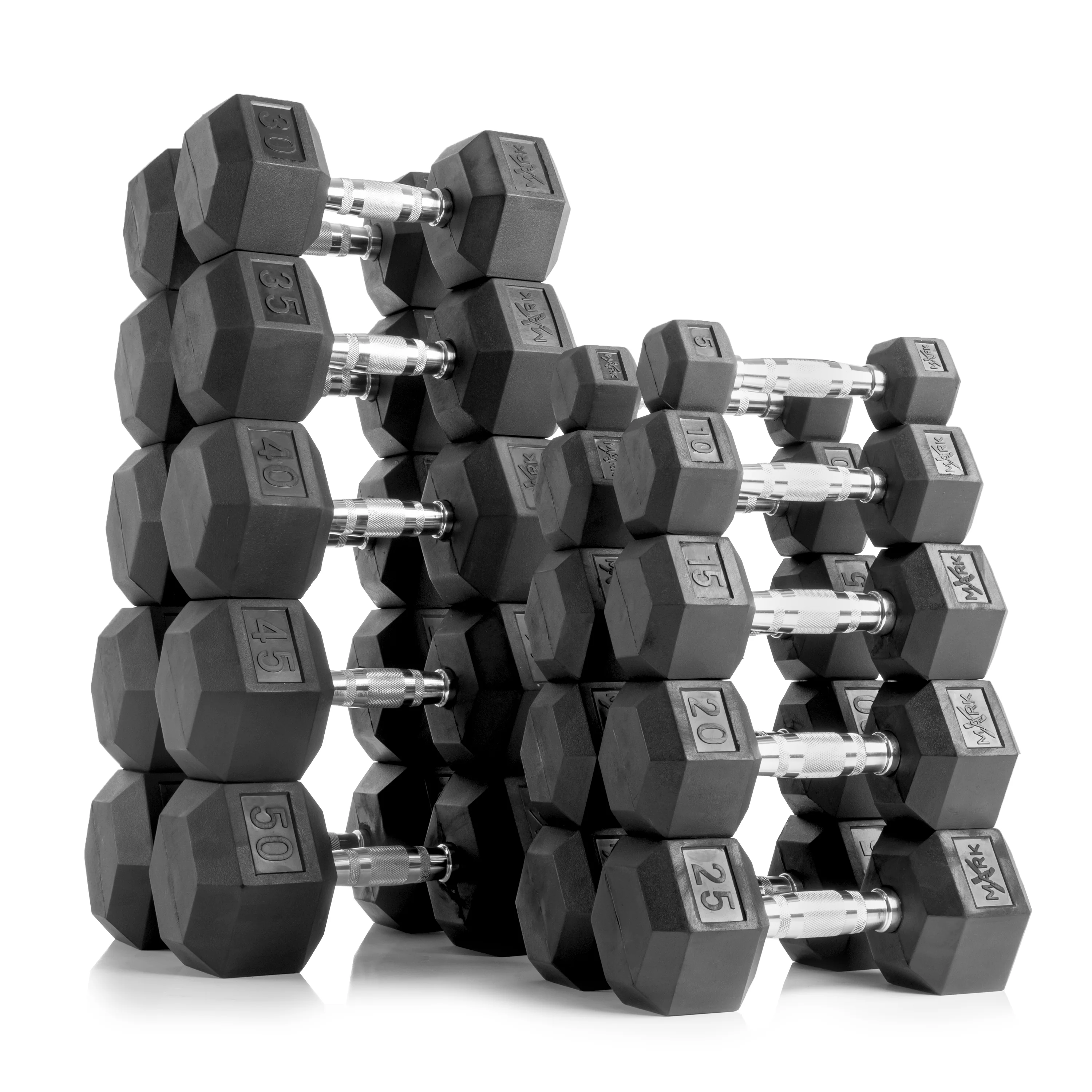 5 to 50 lbs., 10 Pairs Rubber Hex Dumbbells with Sure-Grip Handles - Image 4